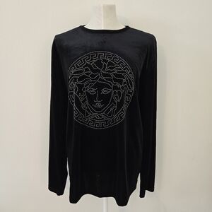 Black Medusa Rhinestone Long Sleeve Top Velvet Feel Statement Shirt Size XL